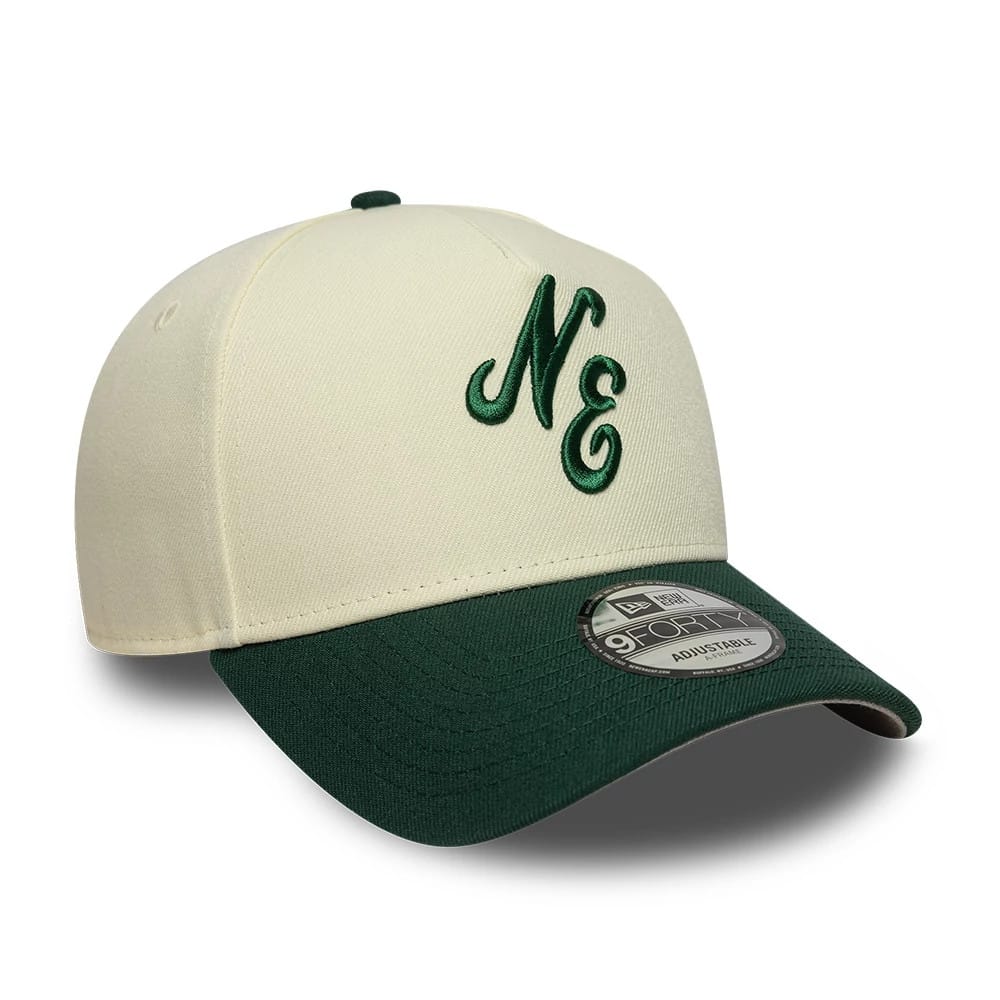 New Era White 9FORTY A-Frame Adjustable Cap, three-quarter view showing the green raised embroidered NE logo on the front panel, contrasting green curved visor with a 9FORTY size sticker, and top button matching the visor.