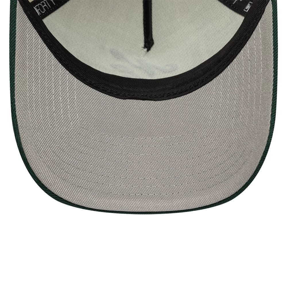 New Era White 9FORTY A-Frame Adjustable Cap, inside view featuring a grey undervisor with stitching, black sweatband with the 9FORTY logo, and black taping lining the interior crown for a clean and structured look.