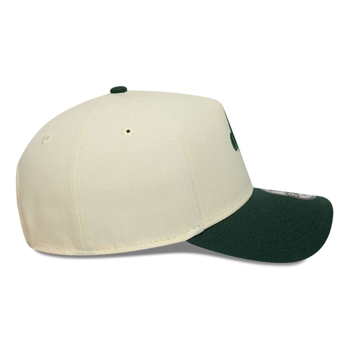 New Era White 9FORTY A-Frame Adjustable Cap, side view showing the structured off-white crown with a dark green top button and matching visor, accompanied by the 9FORTY size sticker on the visor's top surface.