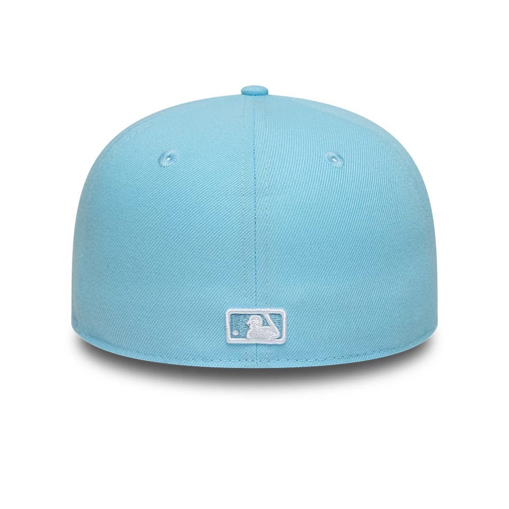 New York Yankees MLB Pastel Blue New Era 59FIFTY Fitted Cap, rear view showing the white embroidered MLB Batterman logo centred on the back panels, with a soft pastel blue structured crown and matching top button.