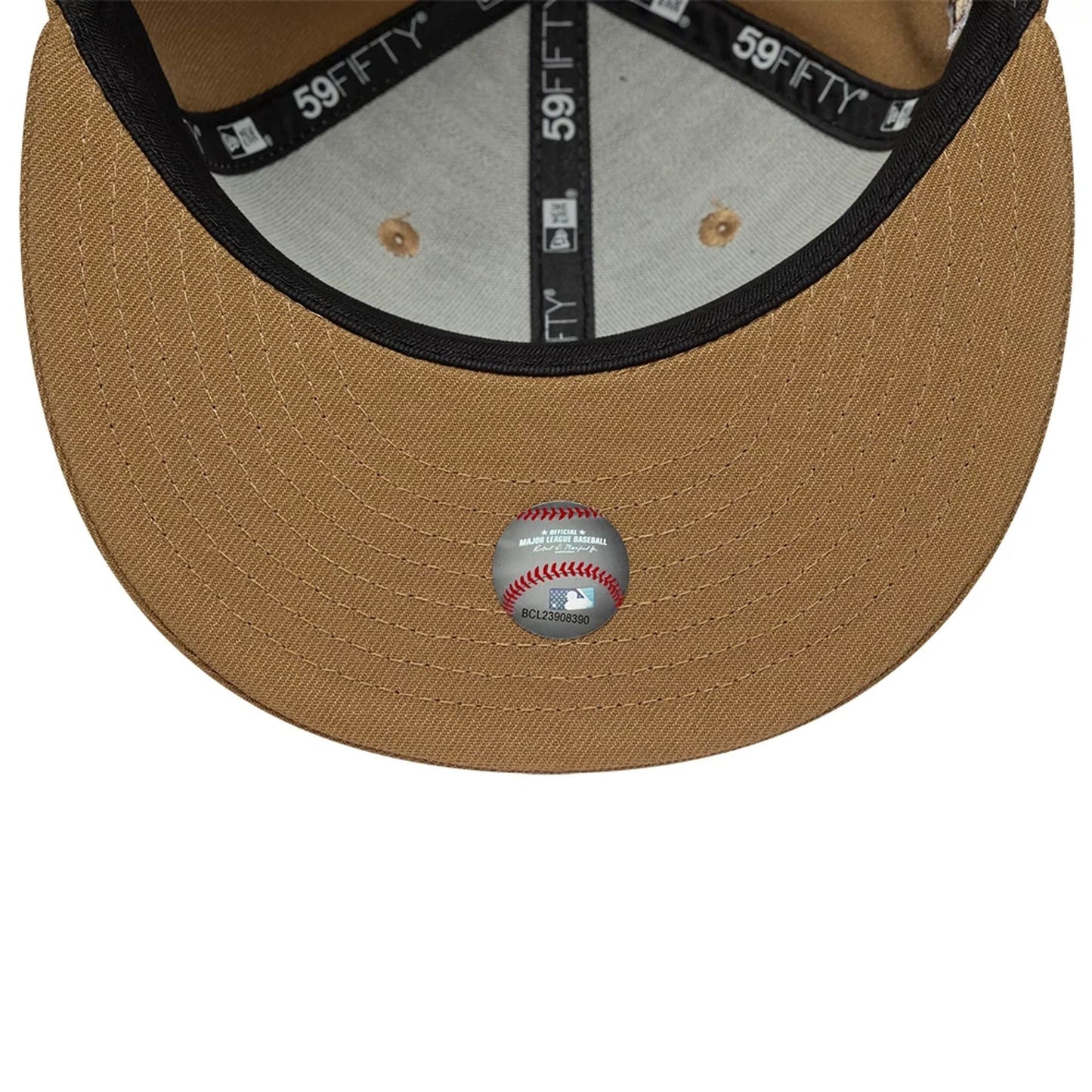 Atlanta Braves MLB Sidepatch Beige New Era 59FIFTY Fitted Cap, inside view showing the light grey sweatband and black taping with white 59FIFTY lettering, plus the brown undervisor with a baseball design sticker.