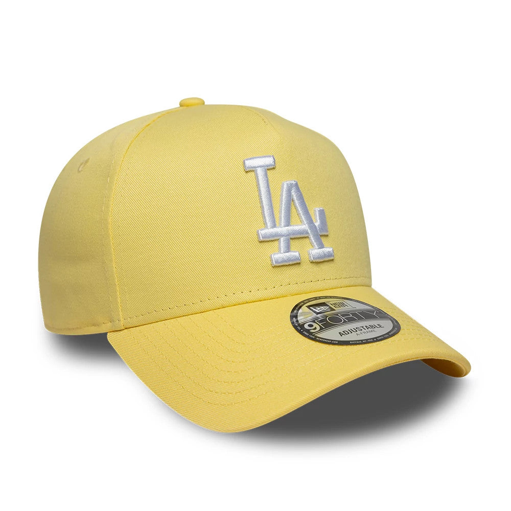 LA Dodgers MLB Yellow New Era 9FORTY A-Frame Adjustable Cap, three-quarter view showing the white embroidered LA logo on the front panel, a matching yellow curved visor with a 9FORTY size sticker, and the structured crown.