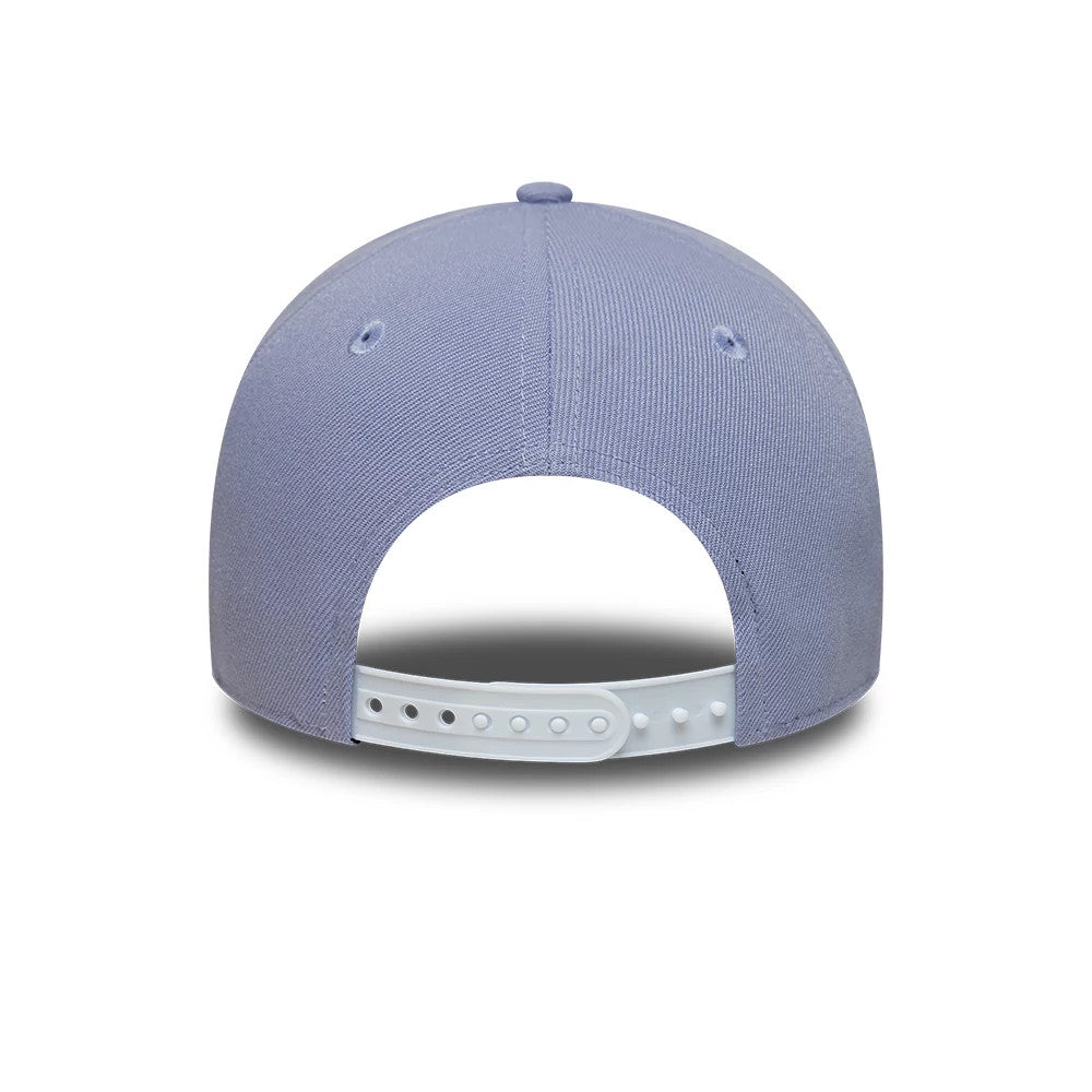 LA Dodgers MLB Pastel Purple New Era 9FORTY A-Frame Adjustable Cap, rear view showing the pastel purple fabric across the structured crown, with a clear adjustable snap closure and matching embroidered eyelets on the arched back panels.