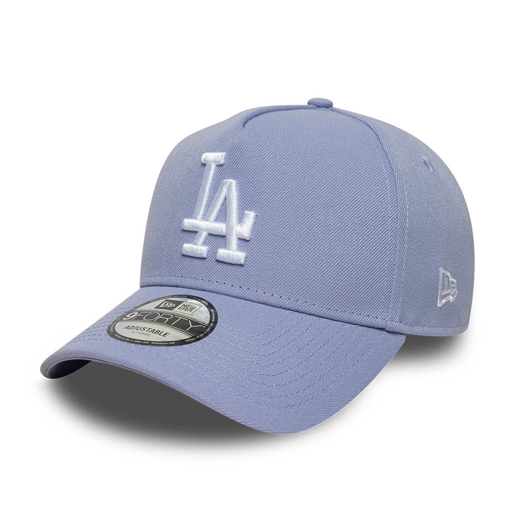 LA Dodgers MLB Pastel Purple New Era 9FORTY A-Frame Adjustable Cap, three-quarter view showing the white raised LA logo embroidered on the front panels, a curved pastel purple visor with a 9FORTY size sticker.