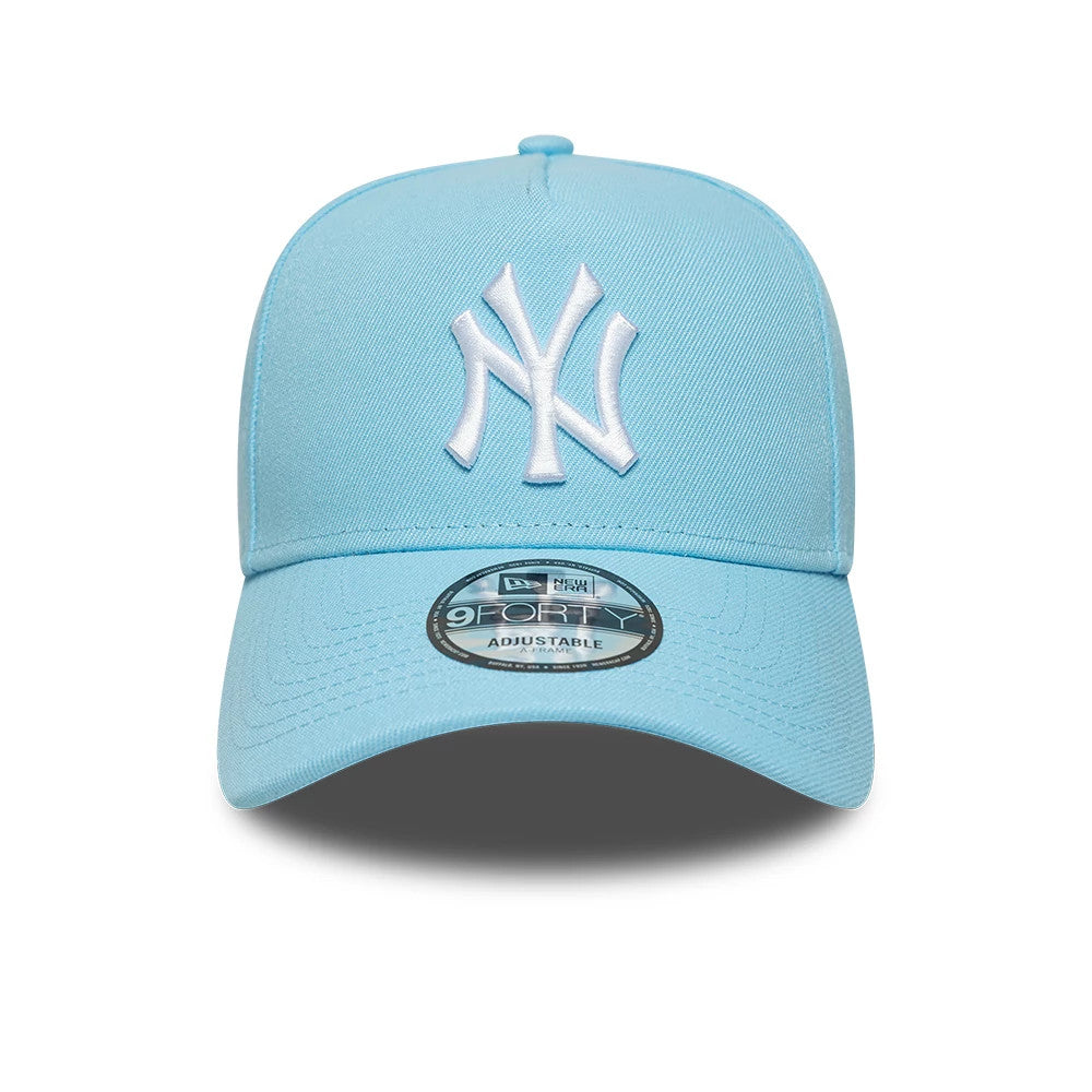 New York Yankees MLB Pastel Blue New Era 9FORTY A-Frame Adjustable Cap, front view showing the white raised embroidered NY logo on the structured pastel blue crown, with a grey 9FORTY size sticker on the curved visor.