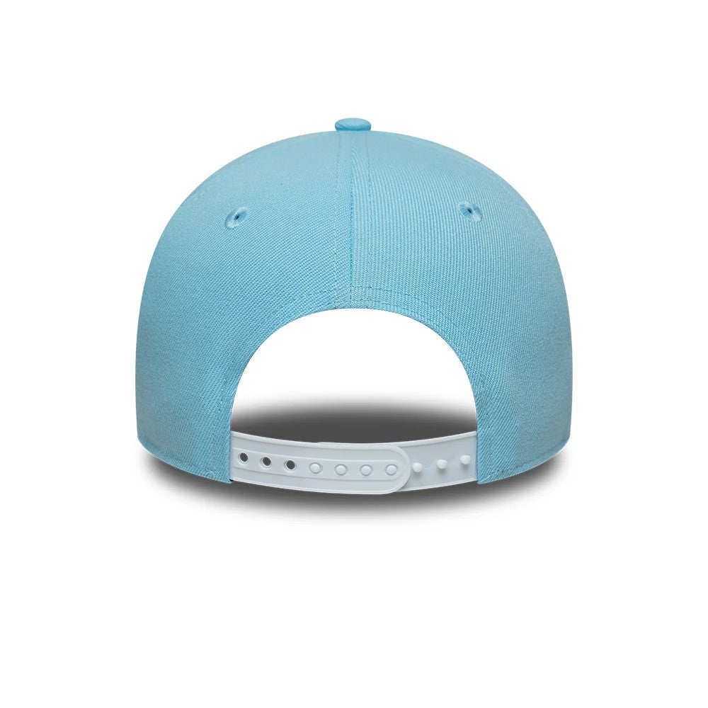 New York Yankees MLB Pastel Blue New Era 9FORTY A-Frame Adjustable Cap, rear view showing a white plastic adjustable strap, centre back opening, and two embroidered eyelets on the pastel blue panels beneath a matching top button.