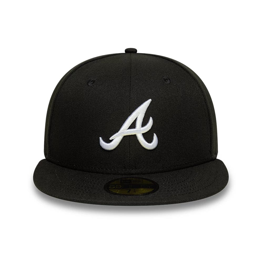 Atlanta Braves MLB Black New Era 59FIFTY Fitted Cap, front view showing a white embroidered A logo prominently on the structured black crown, with a flat black visor and a gold 59FIFTY size sticker on the visor.