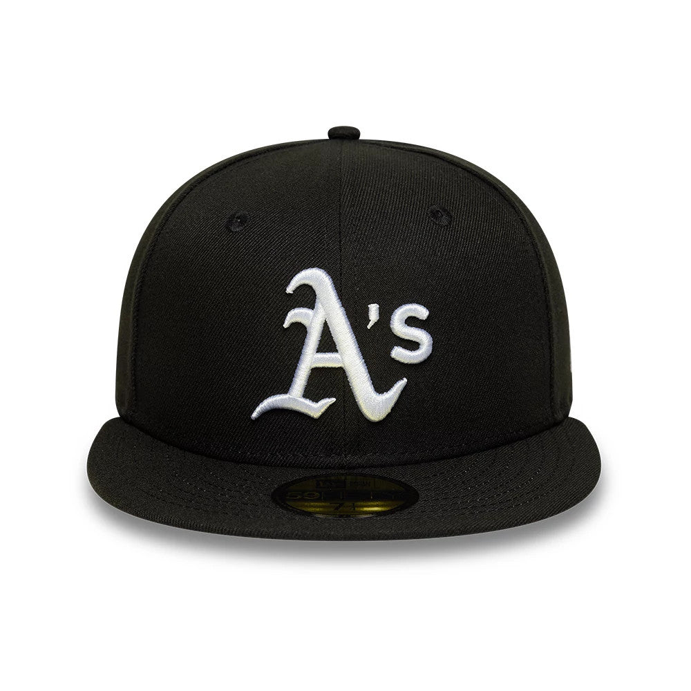 Athletics MLB Black New Era 59FIFTY Fitted Cap, front view showing white raised embroidery of the A's logo on the front panel, a black flat visor, and a gold 59FIFTY size sticker on the centre front of the visor.