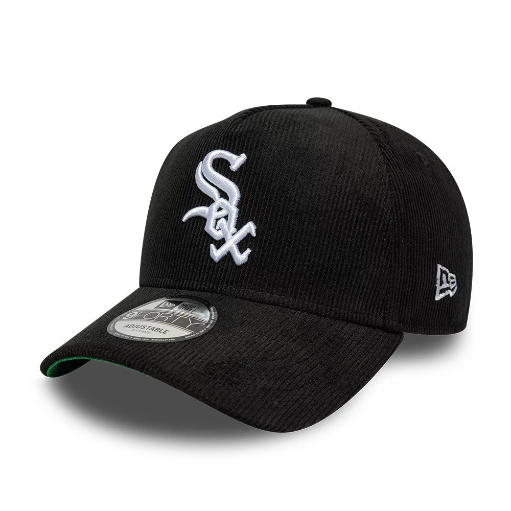 Chicago White Sox MLB Cord Black New Era 9FORTY A-Frame Adjustable Cap, three-quarter view showing the white raised embroidered Sox logo on the front panel, black curved visor with grey 9FORTY size sticker, and the New Era flag logo on the left side.