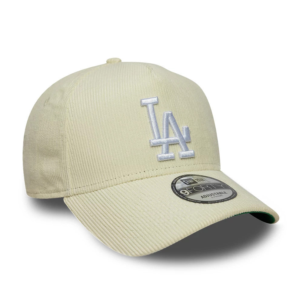 LA Dodgers MLB Cord Cream New Era 9FORTY A-Frame Adjustable Cap, three-quarter view showing the raised white embroidered LA logo on the front panel, a textured cream corduroy fabric, and the 9FORTY size sticker on the curved visor.
