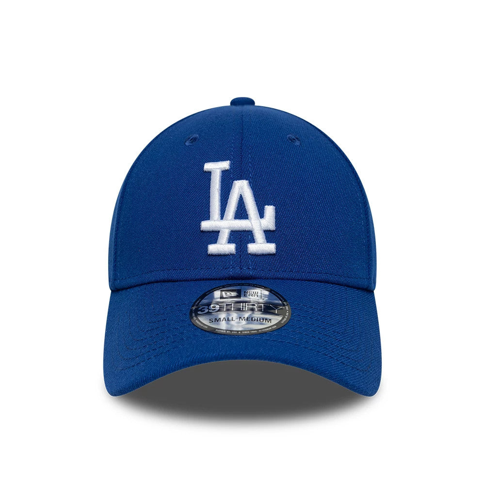 LA Dodgers MLB Blue New Era 39THIRTY Stretch Fit Cap, front view showing the raised white embroidered LA logo on the structured blue crown, with a curved visor and a 39THIRTY size sticker at the centre of the visor.