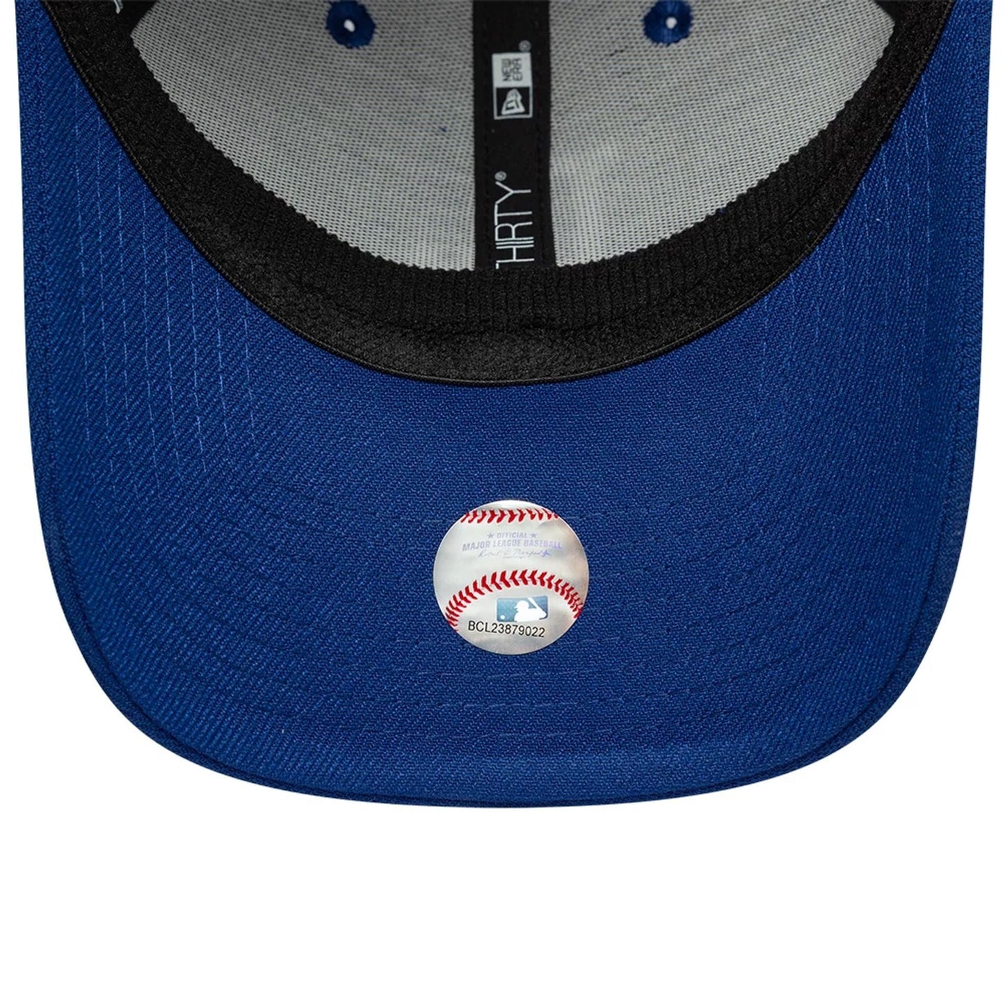 LA Dodgers MLB Blue New Era 39THIRTY Stretch Fit Cap, inside view showing grey inner taping with black sweatband, blue embroidered eyelets against the high-curved blue visor, and an underside sticker with a baseball graphic.