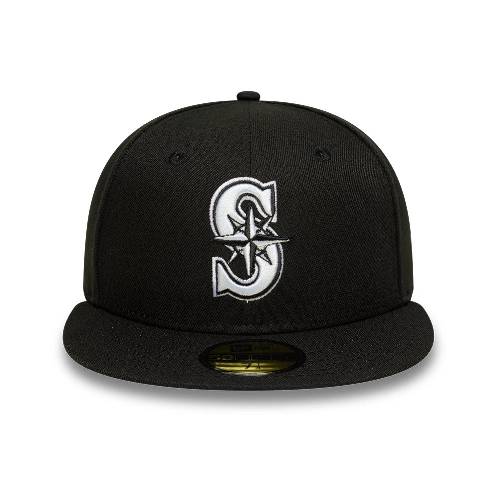 Seattle Mariners MLB Black New Era 59FIFTY Fitted Cap, front view showing the raised white and silver embroidered S logo on the structured black crown, with a flat black visor and a gold 59FIFTY size sticker on the visor.