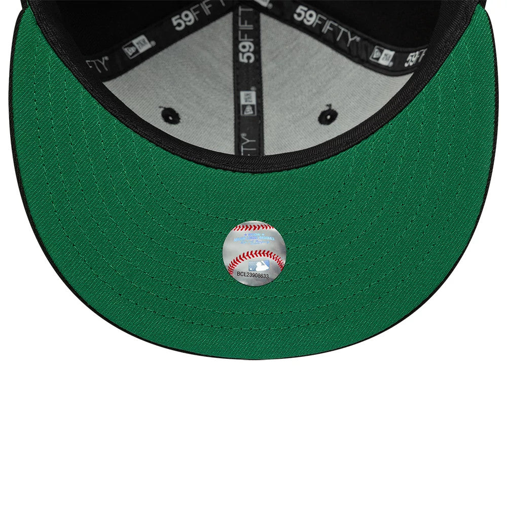 Seattle Mariners MLB Black New Era 59FIFTY Fitted Cap, inside view showing the green undervisor with a baseball-themed sticker, black 59FIFTY taping along the seams, and a grey sweatband lining the structured crown.