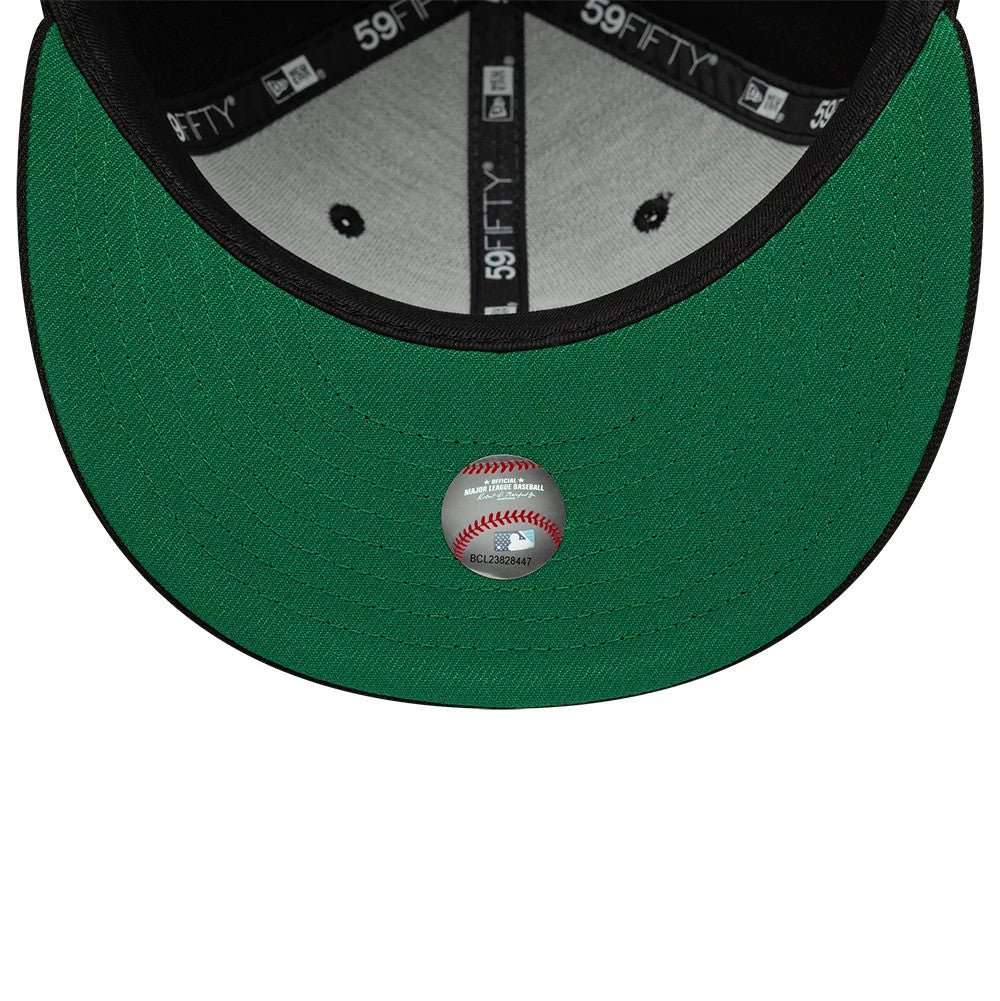 Colorado Rockies MLB Black New Era 59FIFTY Fitted Cap, inside view showing a green undervisor with a baseball-themed sticker at the centre, black taping with white 59FIFTY branding, and a grey sweatband along the edges.