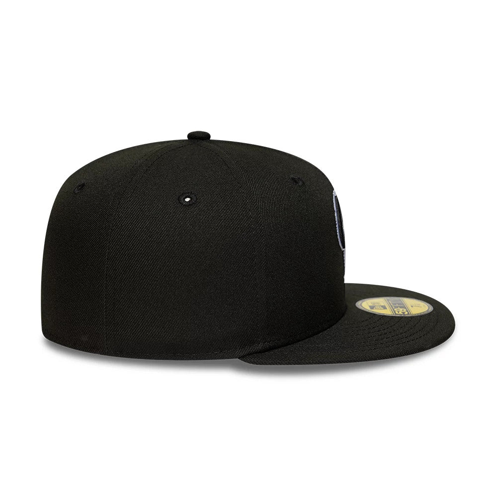 Colorado Rockies MLB Black New Era 59FIFTY Fitted Cap, side view showing the New Era flag logo on the left side, a structured black crown, and a flat visor featuring a gold 59FIFTY size sticker on top.