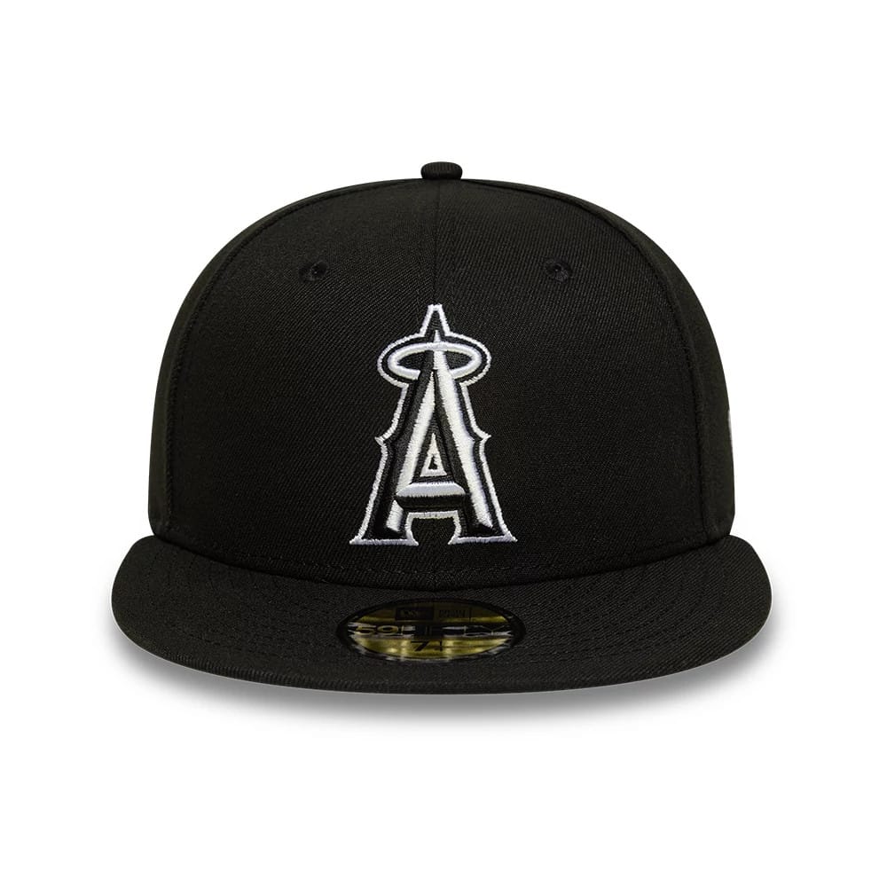 LA Angels MLB Black New Era 59FIFTY Fitted Cap, front view showing the white and silver raised embroidered A logo on the structured black crown, with a flat black visor and a gold 59FIFTY size sticker on top.