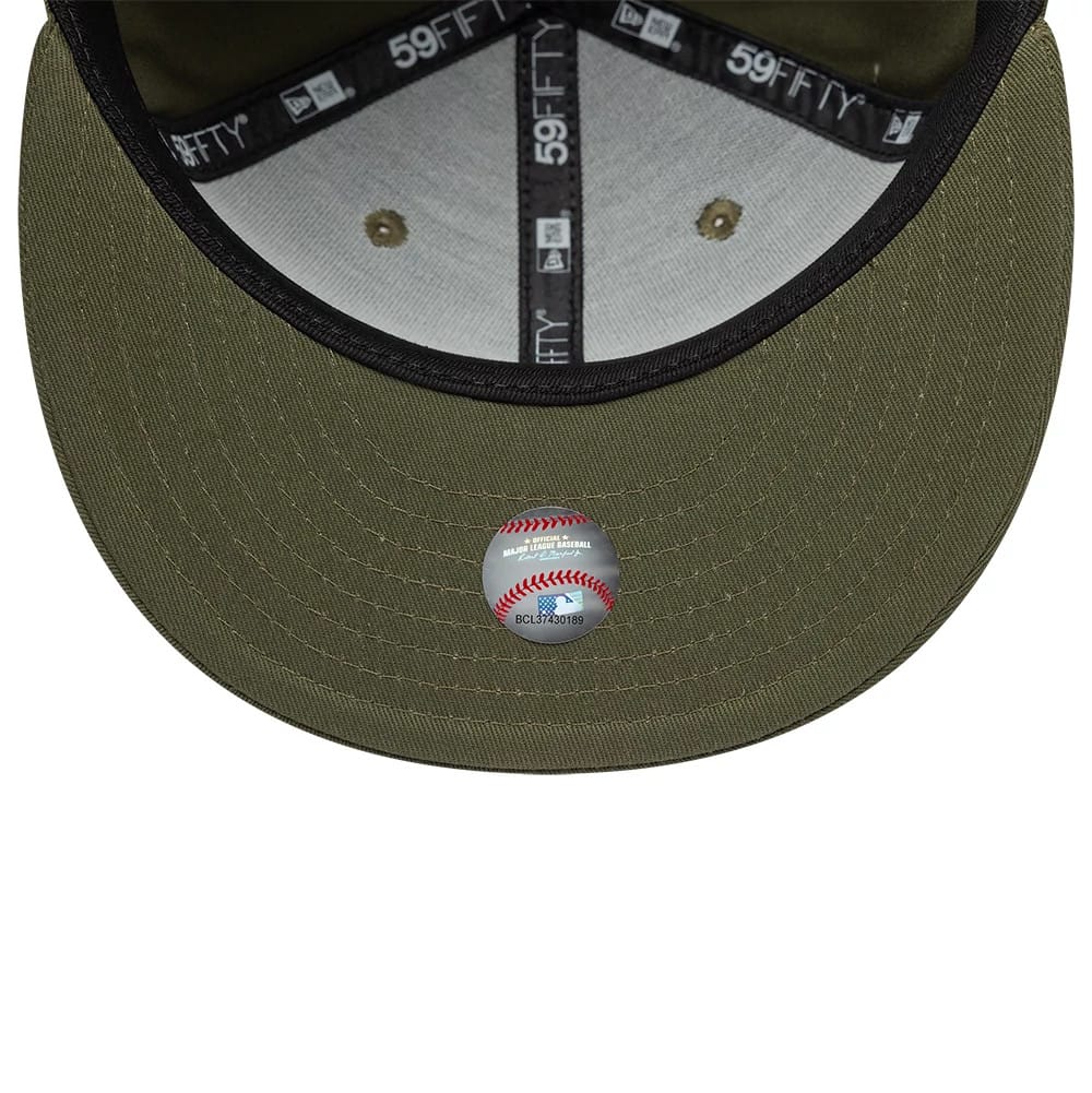 New York Mets MLB Dark Green New Era 59FIFTY Fitted Cap, inside view showing grey sweatband with 59FIFTY taping, light grey fabric panels, and black sweatband, along with a central MLB holographic sticker on the underside of the olive green visor.