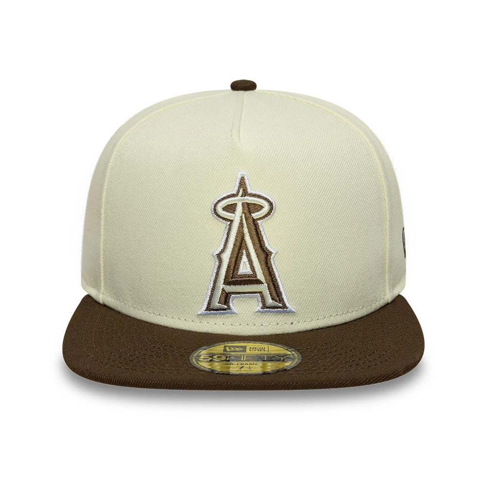 LA Angels MLB Cream New Era 59FIFTY A-Frame Fitted Cap, front view showing the brown raised embroidered A logo on the cream front panel, with a brown flat visor and a gold 59FIFTY size sticker at the centre.