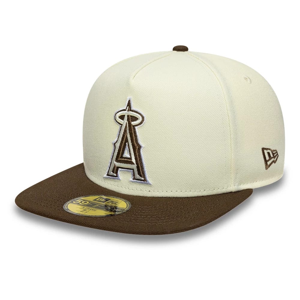 LA Angels MLB Cream New Era 59FIFTY A-Frame Fitted Cap, front view showing the brown raised embroidered LA Angels logo on the cream front panel, with a contrasting brown visor, and a gold 59FIFTY size sticker on the visor.