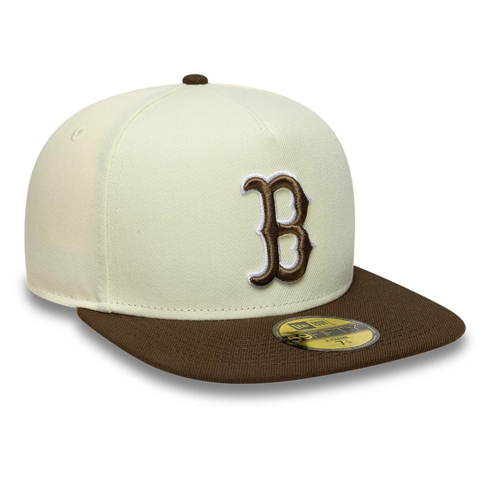 Boston Red Sox MLB Cream New Era 59FIFTY A-Frame Fitted Cap, three-quarter view showing the brown embroidered B logo on the structured cream crown, a matching brown flat visor, and a gold 59FIFTY size sticker on the visor.