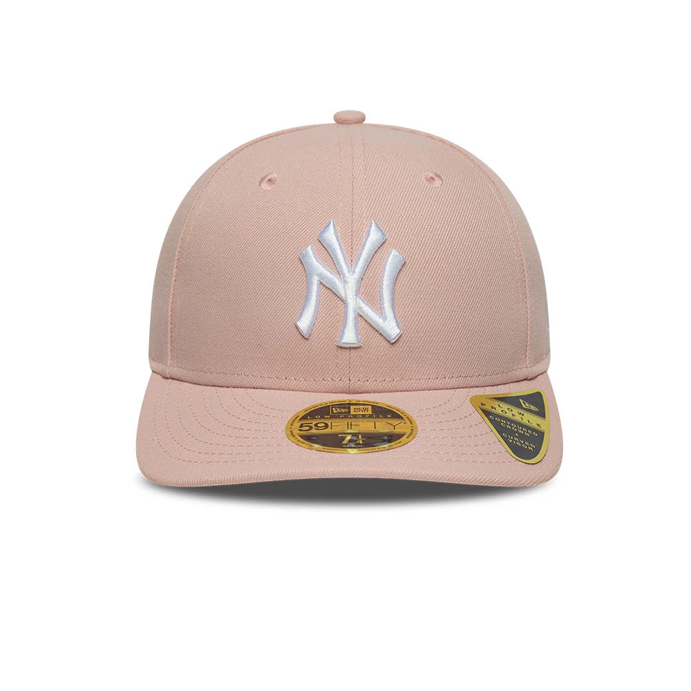 New York Yankees MLB Pastel Pink Low Profile New Era 59FIFTY Fitted Cap, front view showing the raised white embroidered NY logo on the structured pastel pink crown, with a matching pink visor and gold 59FIFTY size sticker on the top.