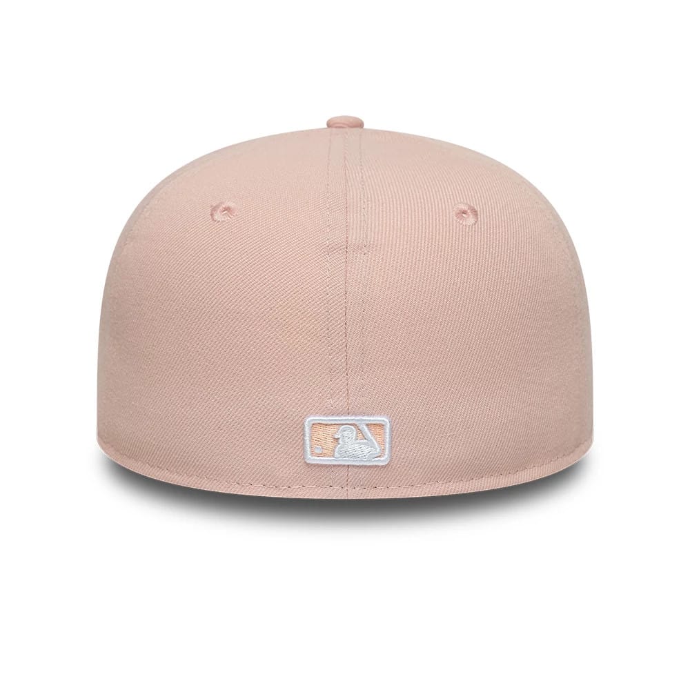 New York Yankees MLB Pastel Pink Low Profile New Era 59FIFTY Fitted Cap, rear view showing the white embroidered MLB Batterman logo at the centre of the back panels, with a pastel pink structured crown and matching top button.