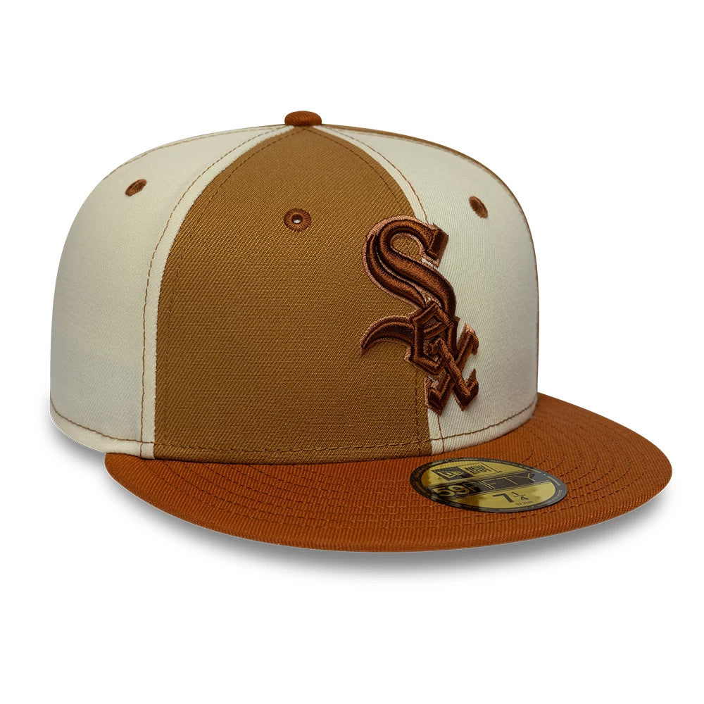 Chicago White Sox MLB Contrast White New Era 59FIFTY Fitted Cap, front view showing the raised brown embroidered logo on the two-tone white and brown crown, with a brown flat visor and a gold 59FIFTY size sticker on the top.