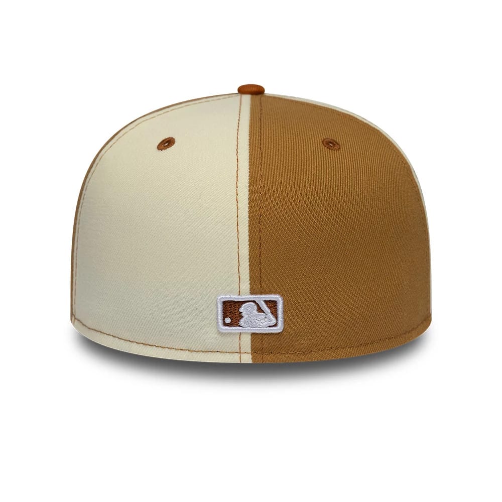 Chicago White Sox MLB Contrast White New Era 59FIFTY Fitted Cap, rear view showing the white embroidered MLB Batterman logo at the centre of the back panels, with a distinctive split colour design in cream and brown tones.