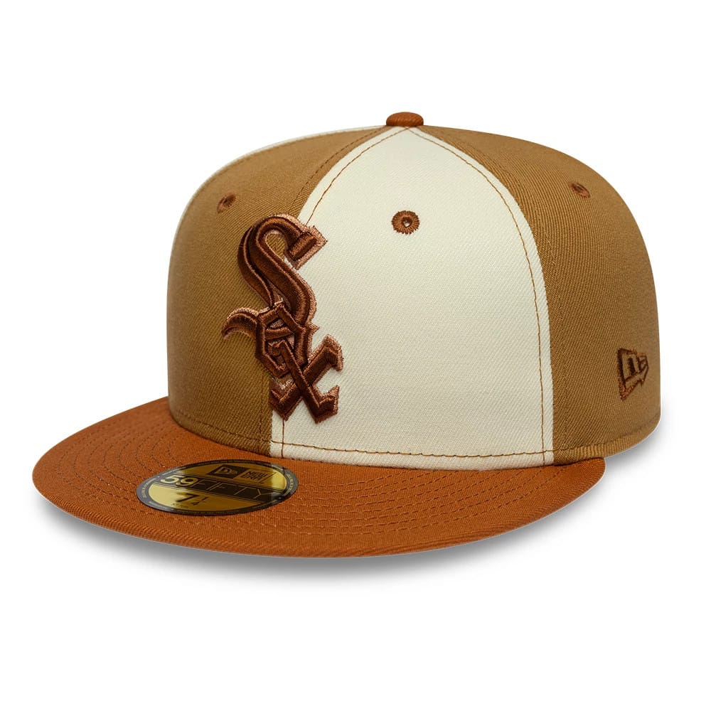 Chicago White Sox MLB Contrast White New Era 59FIFTY Fitted Cap, front view showing raised brown embroidered Sox logo on the centre of the white front panel, brown flat visor with gold 59FIFTY size sticker, and brown New Era flag logo on left side.
