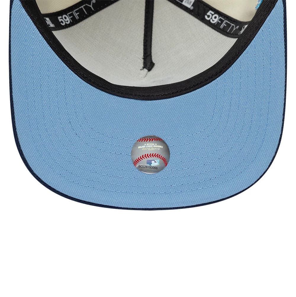 LA Dodgers MLB White New Era 59FIFTY A-Frame Fitted Cap, inside view showing a light blue undervisor with a baseball-themed sticker, black taping with 59FIFTY branding, and a white sweatband for added comfort.