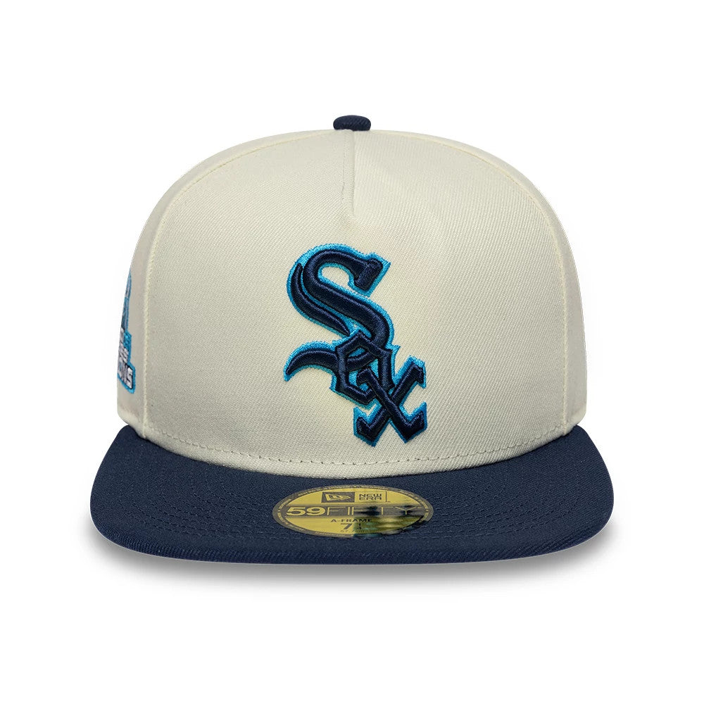 Chicago White Sox MLB White New Era 59FIFTY A-Frame Fitted Cap, front view showing the raised blue and black embroidered team logo on the structured white crown, with a contrasting navy visor and a gold 59FIFTY size sticker on the visor.