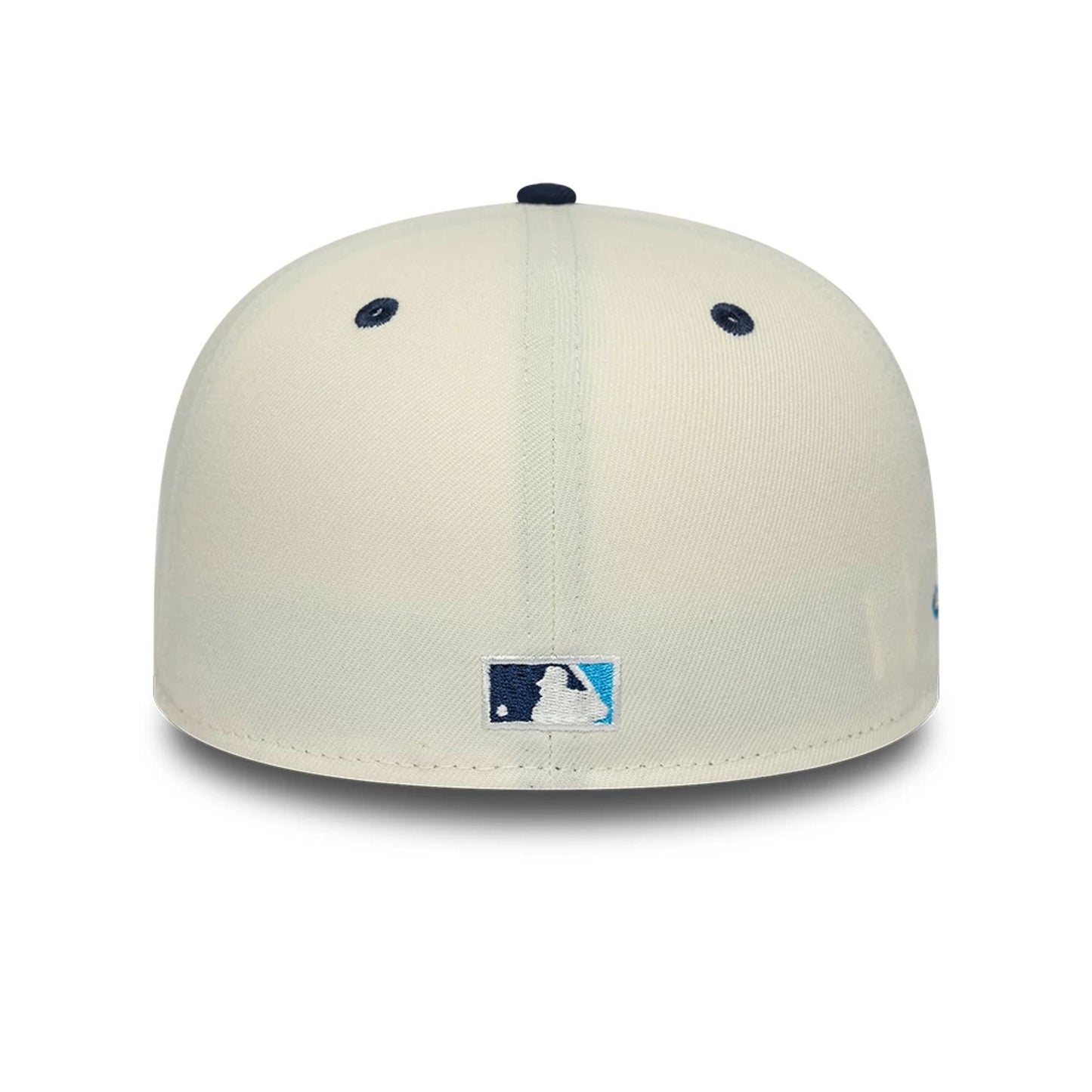Chicago White Sox MLB White New Era 59FIFTY A-Frame Fitted Cap, rear view showing the embroidered MLB Batterman logo in blue and white centred at the back, with dark eyelets on a structured white crown and top button.