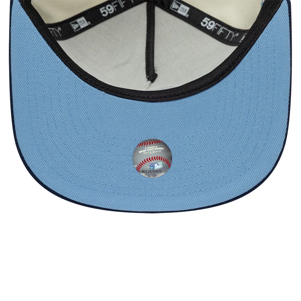 Chicago White Sox MLB White New Era 59FIFTY A-Frame Fitted Cap, inside view showing the light blue undervisor, a dark interior sweatband with repeating 59FIFTY text, and an MLB logo sticker in the centre of the panel.