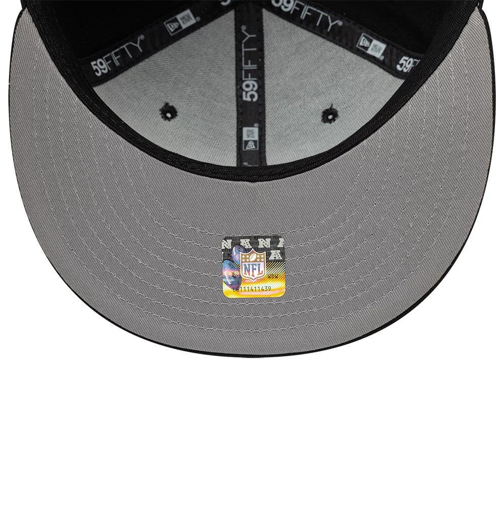 Las Vegas Raiders NFL Heart Black New Era 59FIFTY Fitted Cap, inside view showing the grey undervisor with an NFL logo holographic sticker, black sweatband with white 59FIFTY branding, and black taping featuring repeated text.