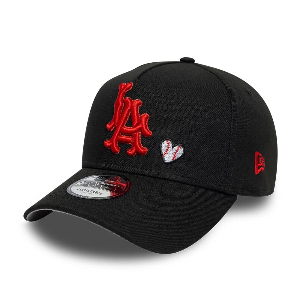 Pictured is this MLB Heart LA Angels 9FORTY A-Frame Adjustable cap in black. 1