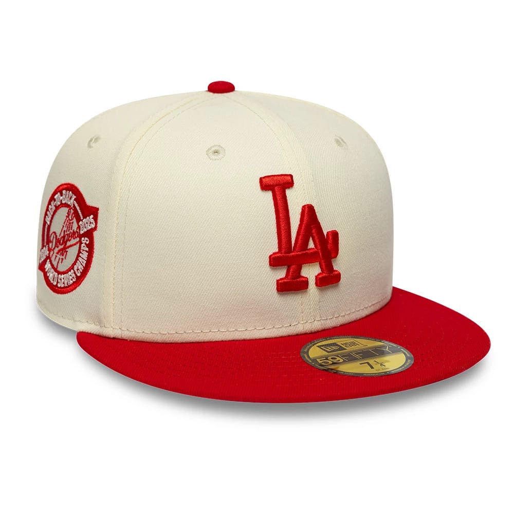 Pictured is this MLB Chrome Scarlet LA Dodgers 59FIFTY Fitted cap in cream. 1