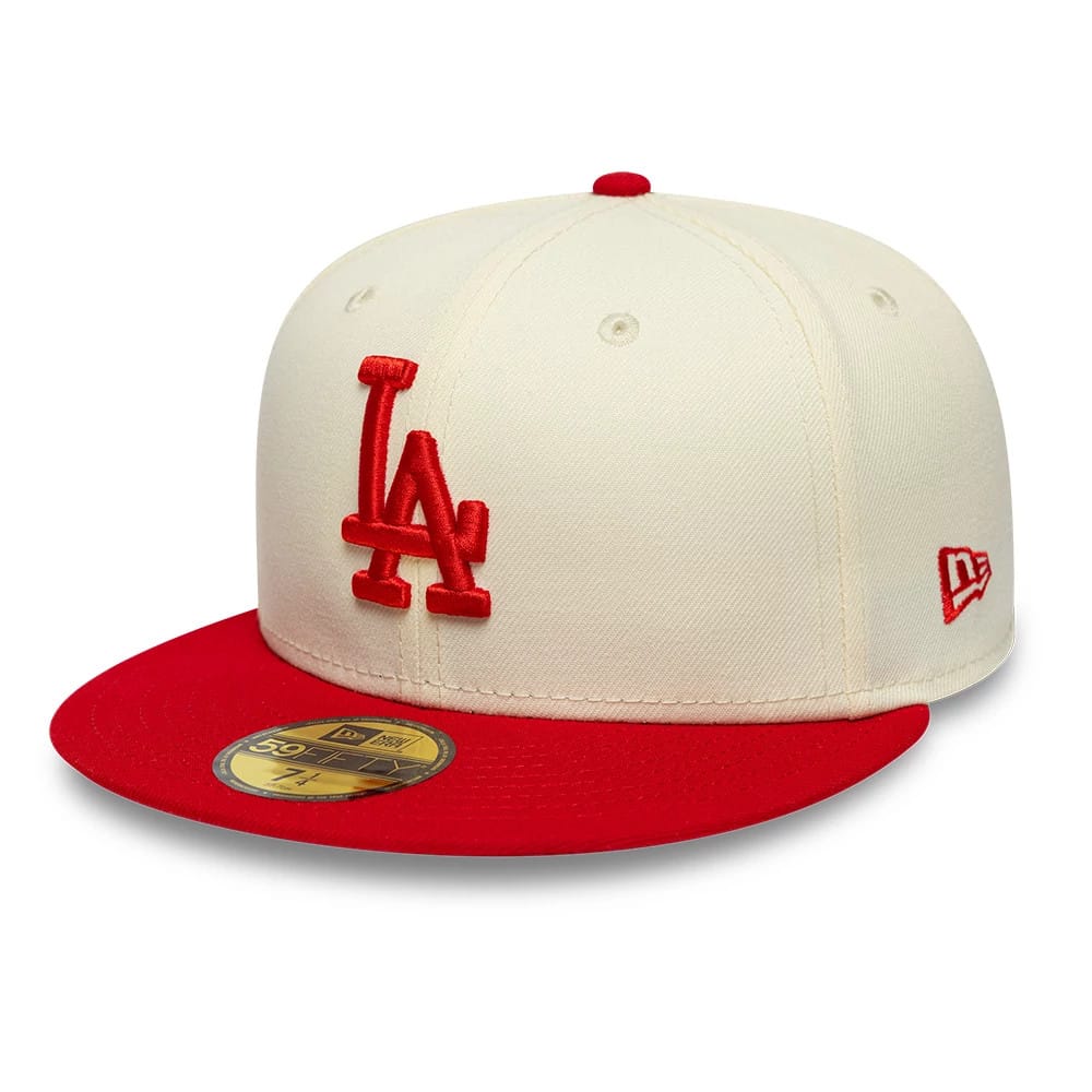 Pictured is this MLB Chrome Scarlet LA Dodgers 59FIFTY Fitted cap in cream. 3