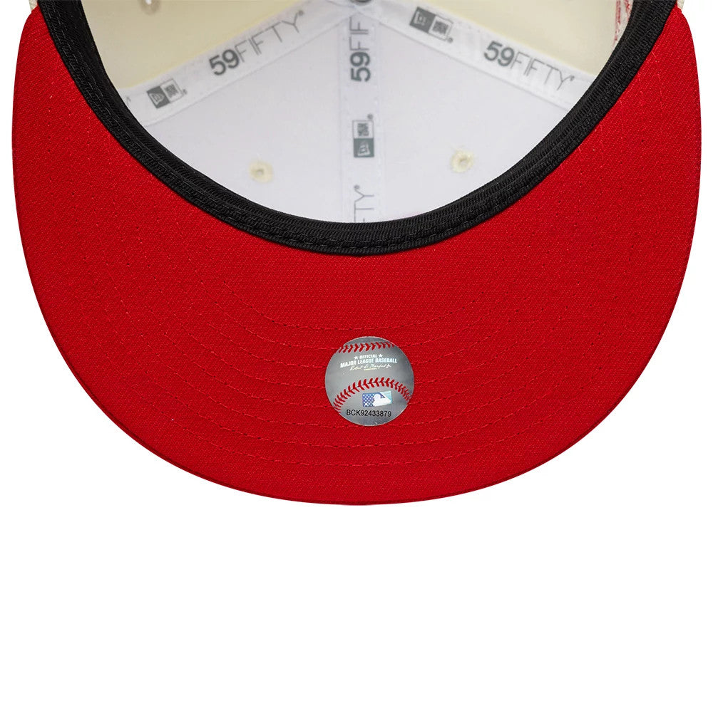 Pictured is this MLB Chrome Scarlet LA Dodgers 59FIFTY Fitted cap in cream. 7
