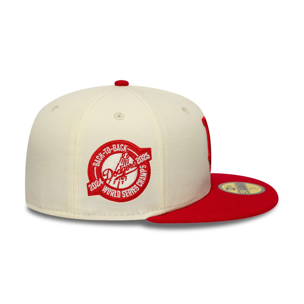 LA Dodgers MLB Chrome Scarlet Cream New Era 59FIFTY Fitted Cap, side view showing a red embroidered back-to-back World Series Champs logo on the cream structured crown, with a contrasting scarlet flat visor and gold 59FIFTY size sticker.
