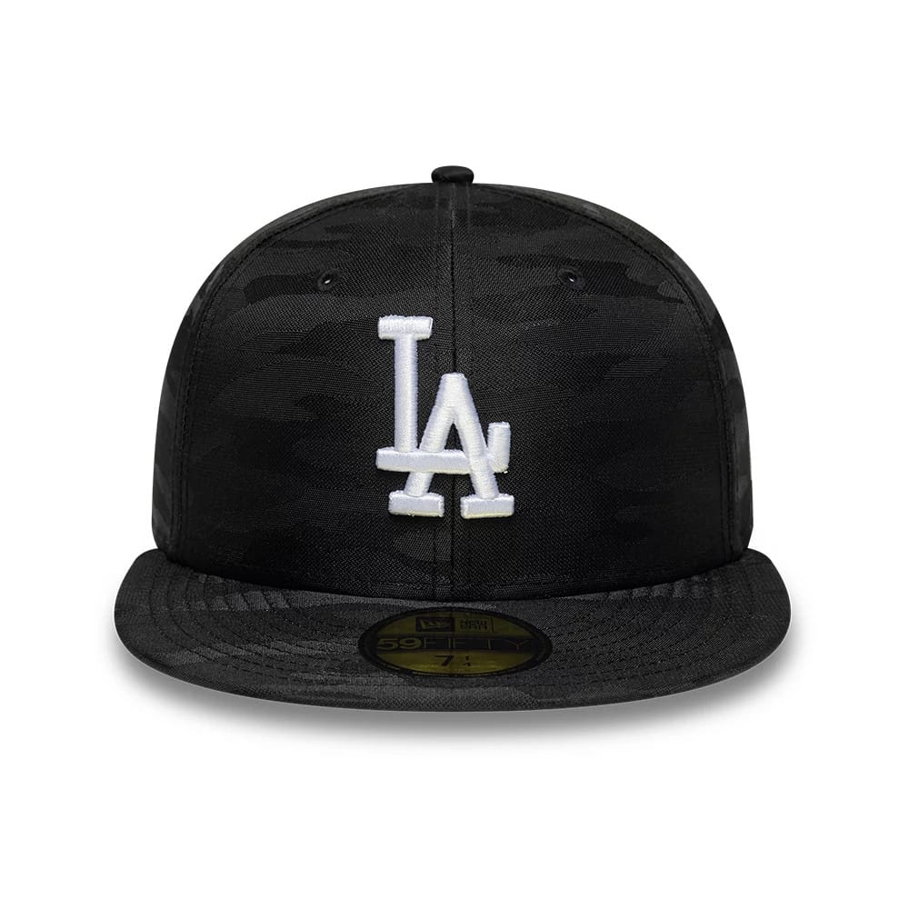 LA Dodgers MLB Camo Black New Era 59FIFTY Fitted Cap, front view showing the white embroidered LA logo on the camouflage patterned front panels, with a flat black visor and a gold 59FIFTY size sticker on the visor.