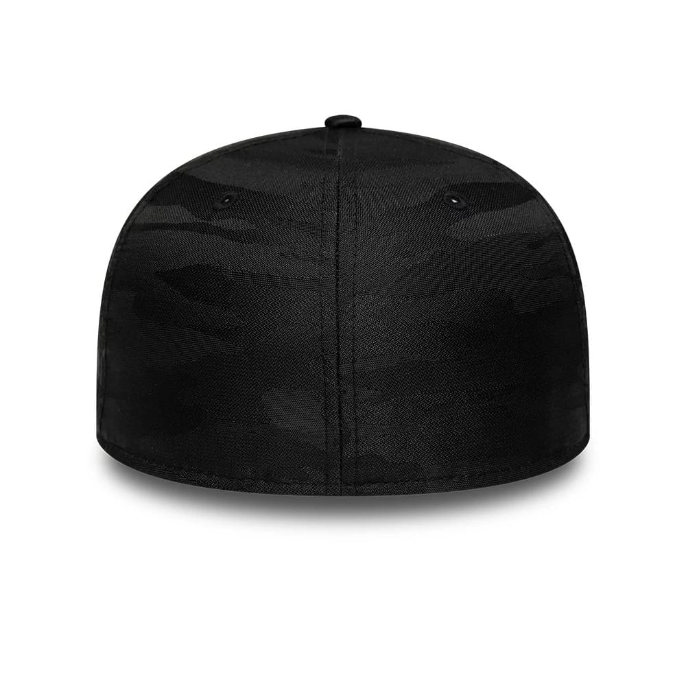 New Era Camo Black 59FIFTY Fitted Cap, rear view showing the centre back panels of the structured black crown with a camo pattern, featuring black embroidered eyelets and a top button accentuating the design.