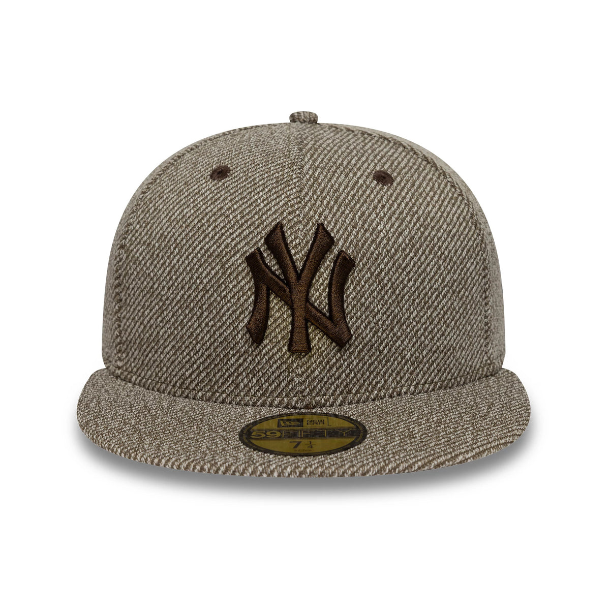 New York Yankees MLB Heather Brown New Era 59FIFTY Fitted Cap, front view showing a raised brown NY logo on the front panel, a matching heather brown visor with a gold 59FIFTY size sticker, and eyelets with a textured fabric.