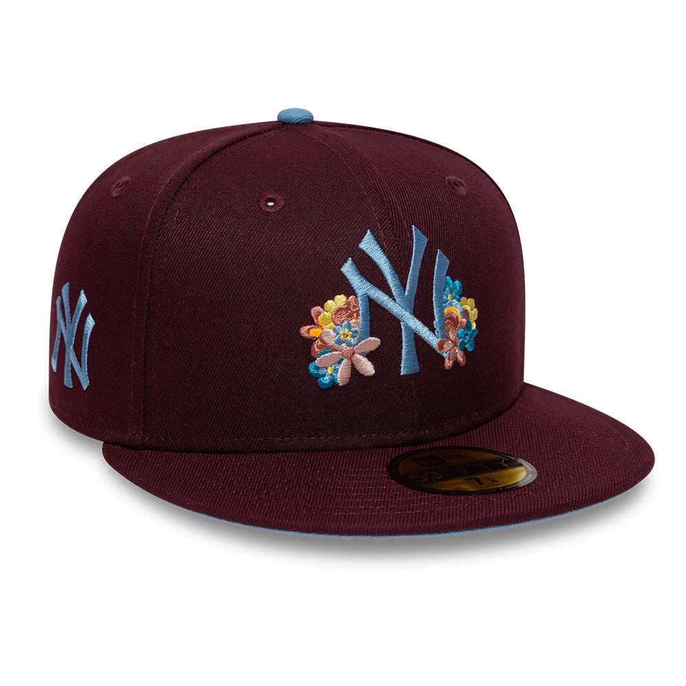 Pictured is this MLB Floral New York Yankees 59FIFTY Fitted cap in dark purple. 1