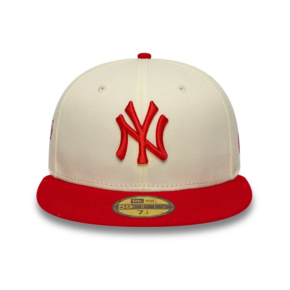 New York Yankees MLB Chrome Scarlet Cream New Era 59FIFTY Fitted Cap, front view showing the raised red embroidered NY logo on the cream front panel, with a contrasting red visor and a gold 59FIFTY size sticker on the visor.