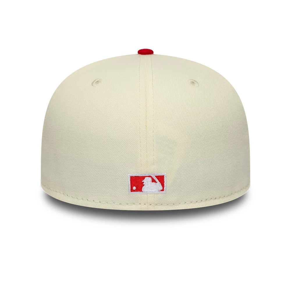 New York Yankees MLB Chrome Scarlet Cream New Era 59FIFTY Fitted Cap, rear view showing the white embroidered MLB Batterman logo with a red background at the centre back, topped with a red button on the cream-coloured crown.