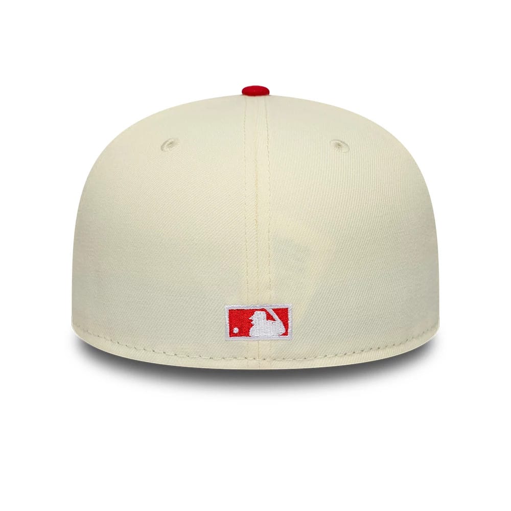New York Yankees MLB Chrome Scarlet Cream New Era 59FIFTY Fitted Cap, rear view showing the white embroidered MLB Batterman logo with a red background at the centre back, topped with a red button on the cream-coloured crown.