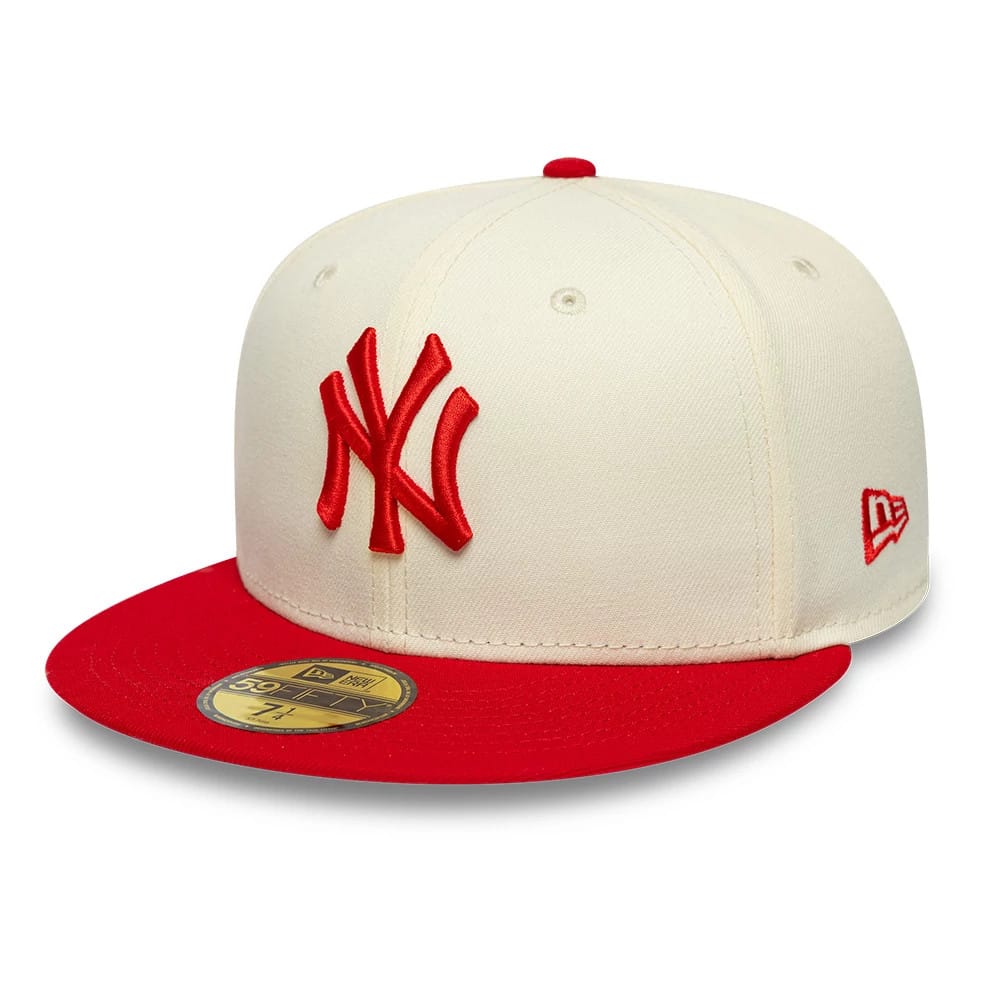 New York Yankees MLB Chrome Scarlet Cream New Era 59FIFTY Fitted Cap, front view showing the raised red embroidered NY logo on the cream crown, red flat visor with a gold 59FIFTY size sticker, and red New Era flag logo on the left side.