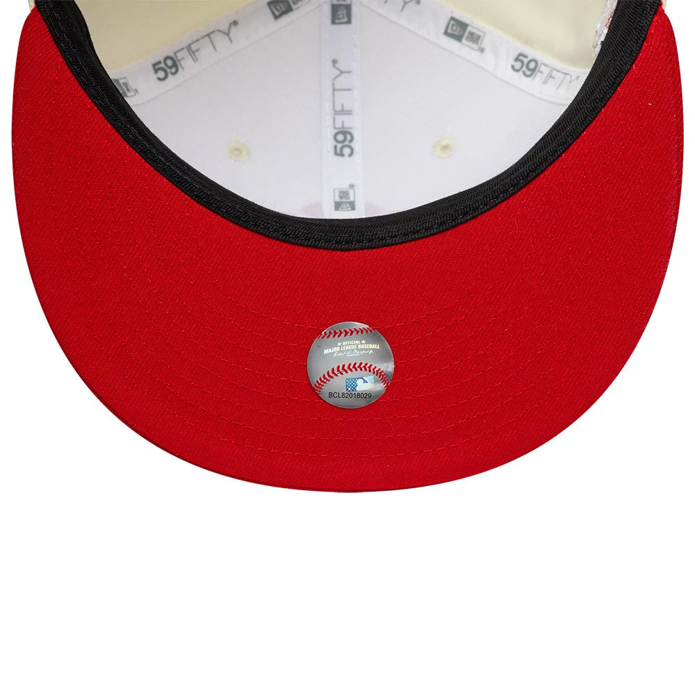 New York Yankees MLB Chrome Scarlet Cream New Era 59FIFTY Fitted Cap, inside view showing white 59FIFTY taping and sweatband, with a reflective authentication sticker placed on the red undervisor at the centre and light cream panel interiors.