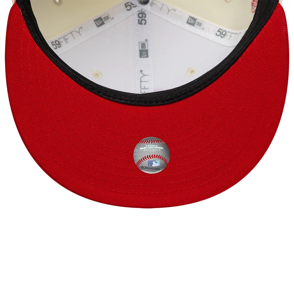 Pictured is this MLB Chrome Scarlet Chicago White Sox 59FIFTY Fitted cap in cream,. 7